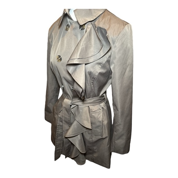 SANDRO Trench Coat Womens M Brown Taupe Rain Ruffle Belted Luxe City Girl - Picture 4 of 7